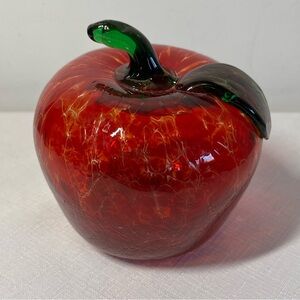 Large Drizzle Candy Apple Art Glass Paperweight 4.5" Red Green Fruit Decor